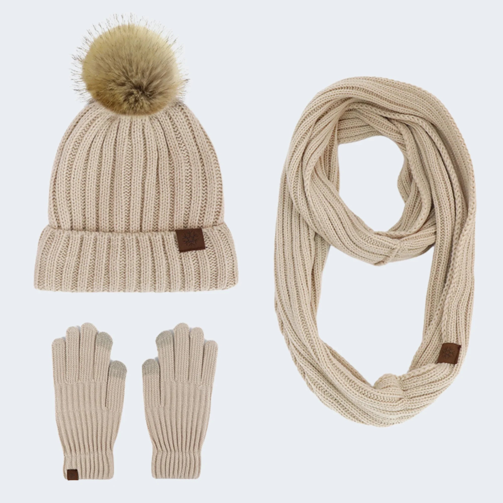 Bonnet femme beige à pompon et doublure polaire